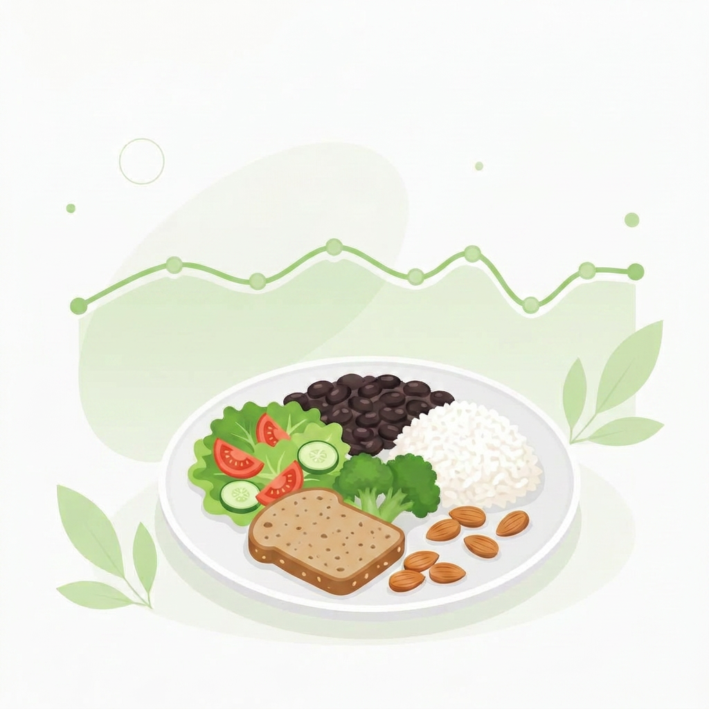 Ilustração de manutenção de peso: refeições equilibradas e gráfico estável com micro oscilações