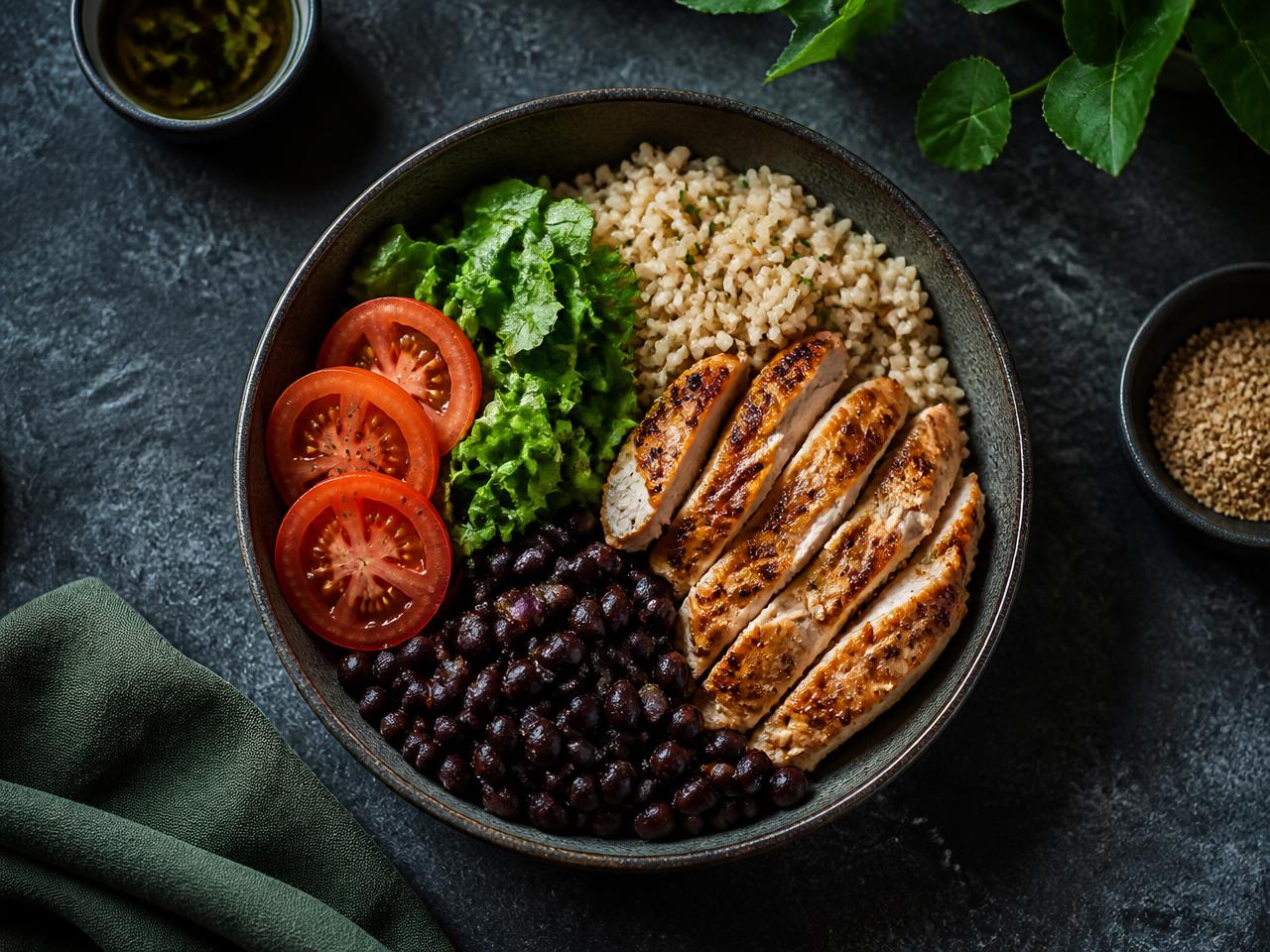 Prato equilibrado com arroz integral, frango grelhado, feijão preto, tomate e folhas verdes